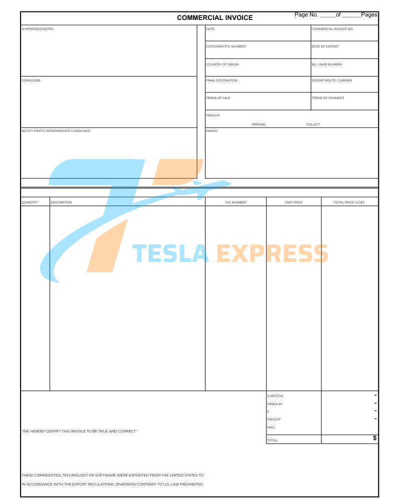 mau commercial invoice moi nhat tesla express
